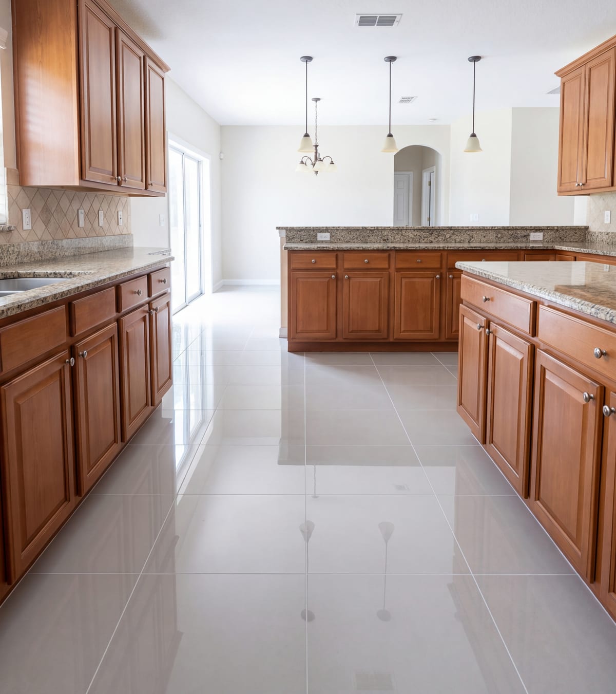 Fresh porcelain tile flooring after installation