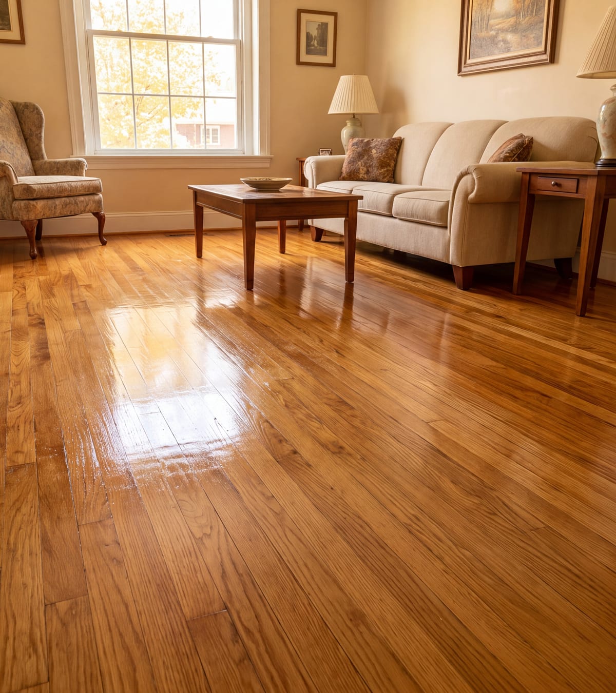 Refinished hardwood floor with rich, even stain